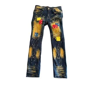 Encrypted Destroyed Distressed Paint Jeans Mens Size 20 Dark Blue Yellow Denim